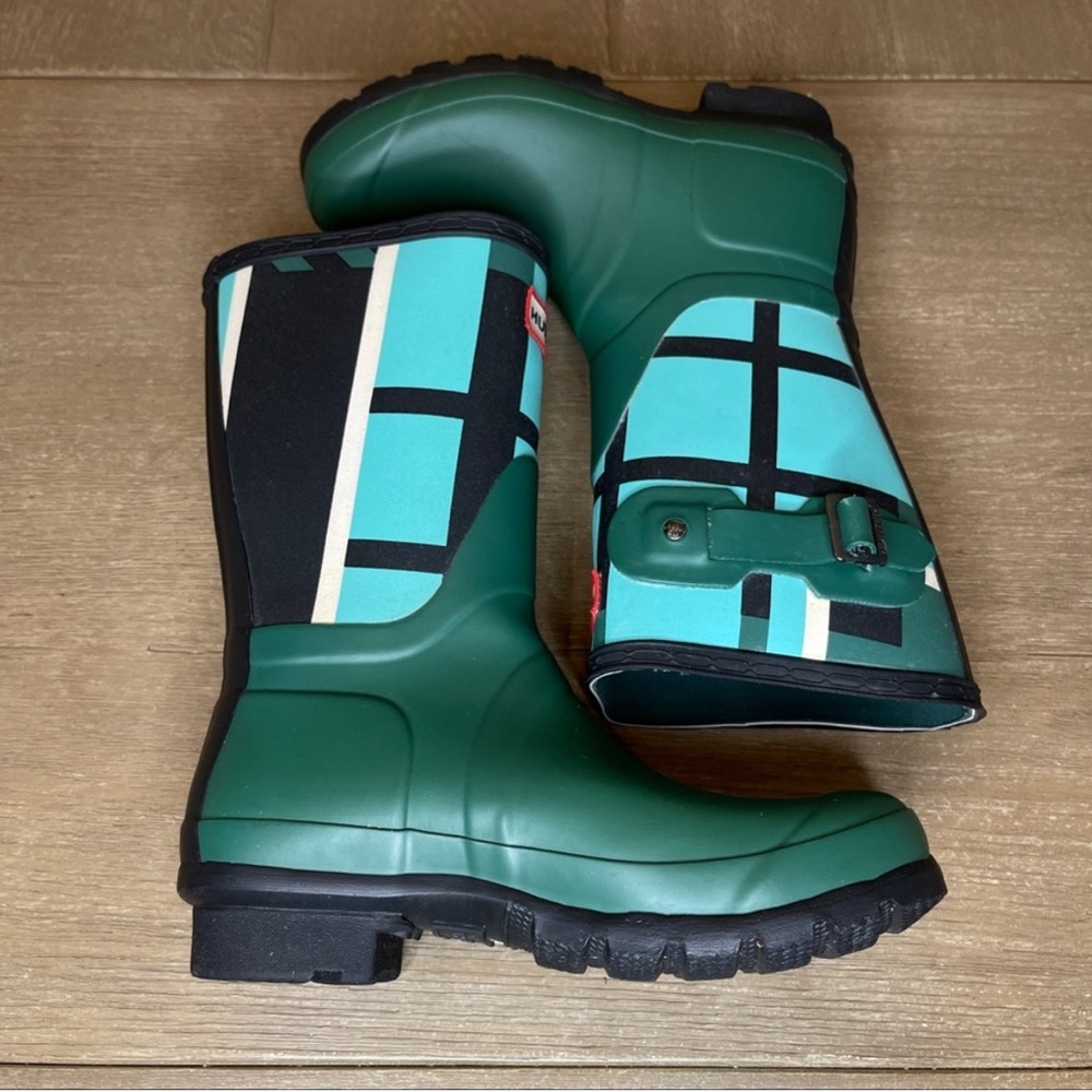 Hunter Original Short Rain Boot "Green Matte Plaid" Size 5